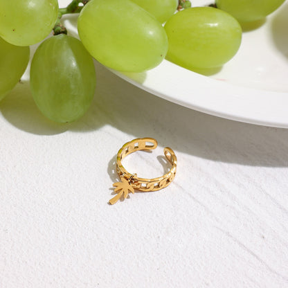 18K Gold Heart Palm Tree Charm Chain Band Ring
