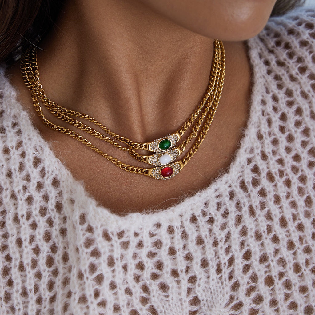 18K Gold Empire Gemstone Cuban Link Chain Statement Necklace