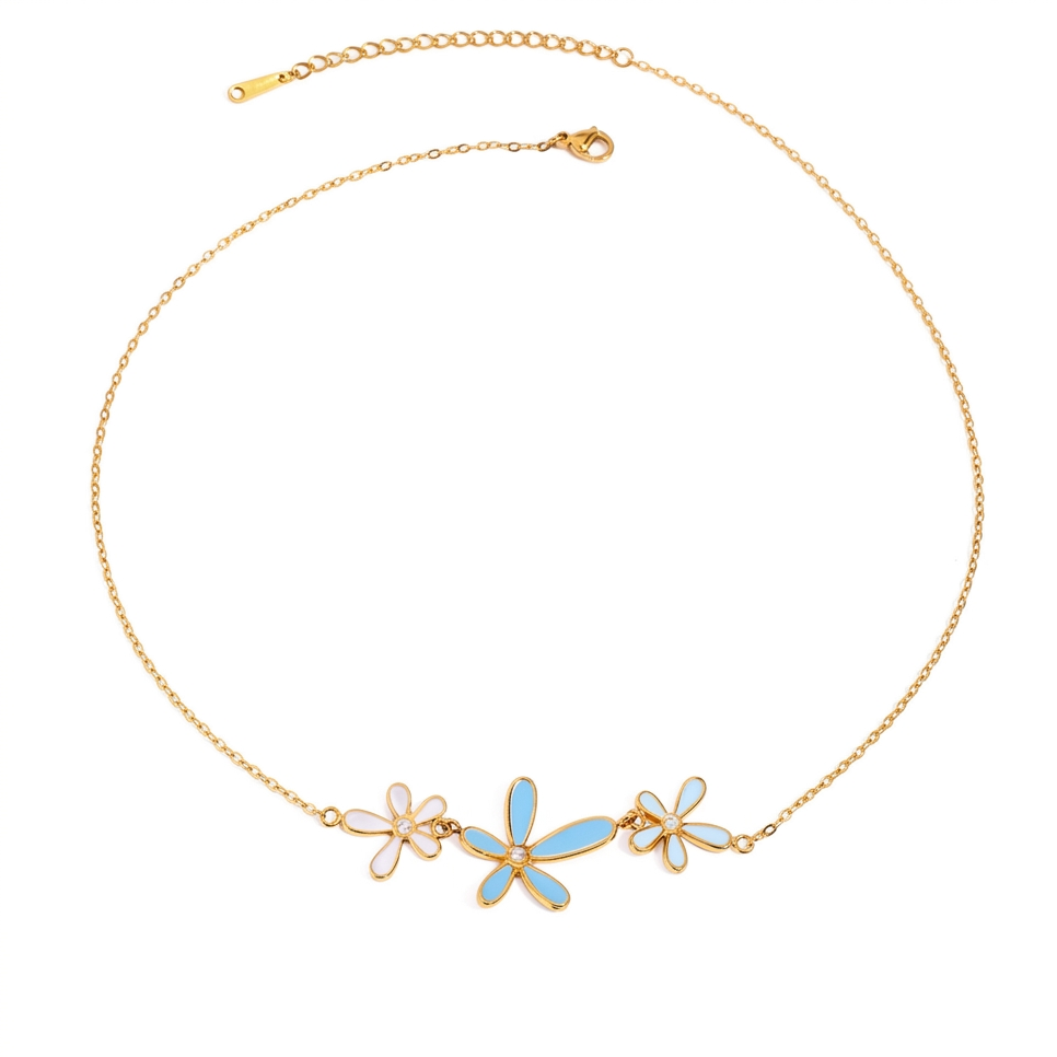 18K Gold Blue Flower Dainty Pendant Necklace & Bracelet Set