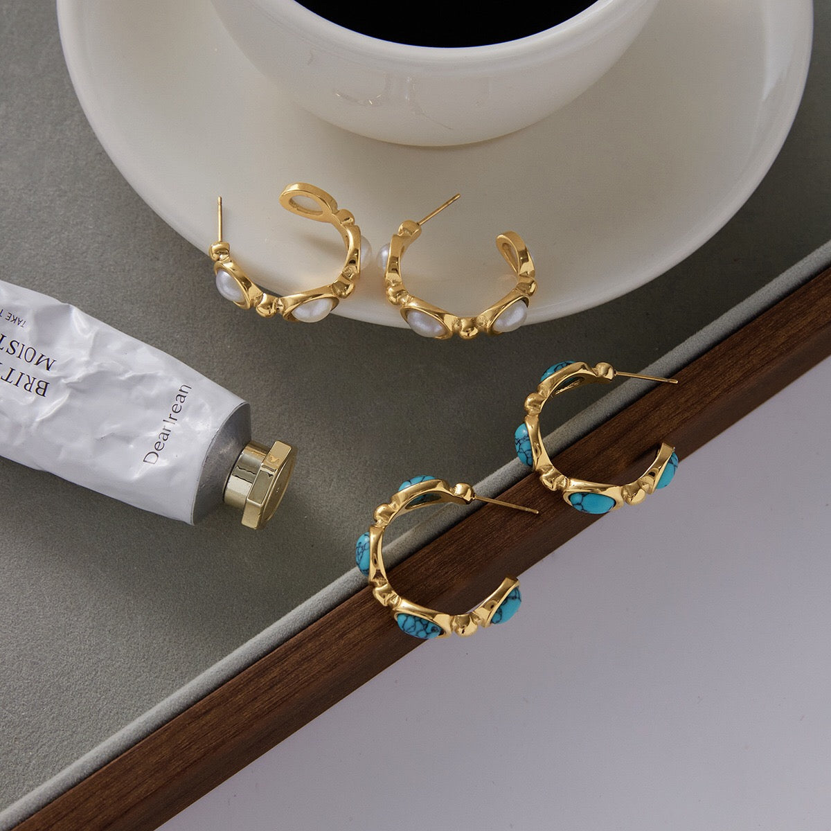 18K Gold Modern Charm Pearl Turquoise Hoop Earrings