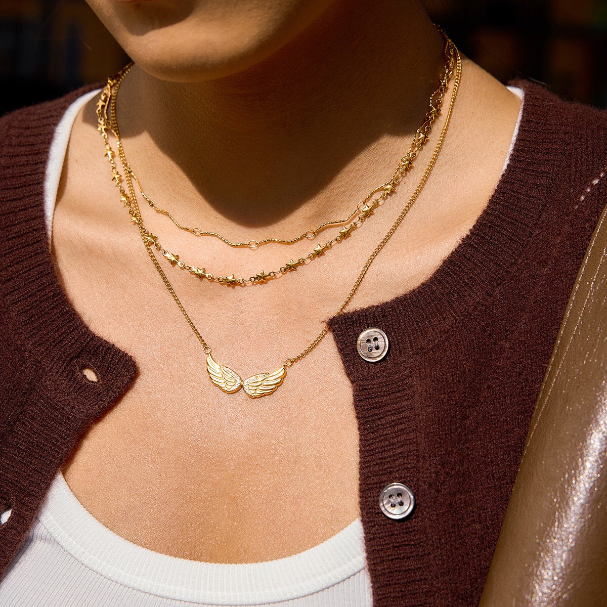 18K Gold Heaven Sent Angel Wing Pendant Star Dainty Chain Layered Necklace Set