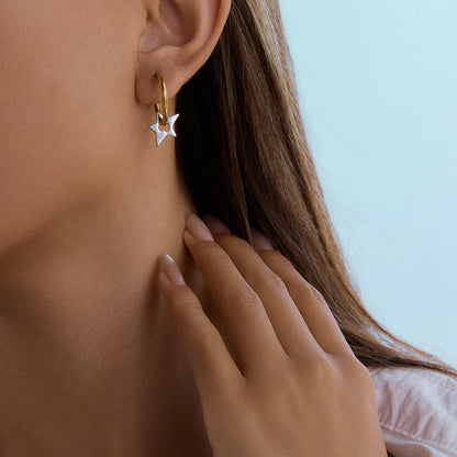 18K Gold and Silver Two Tone Shiny Star Dangle Huggie Earrings