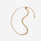 18K Gold Half Pearl Half Ball Chain Beaded Collar Necklace
