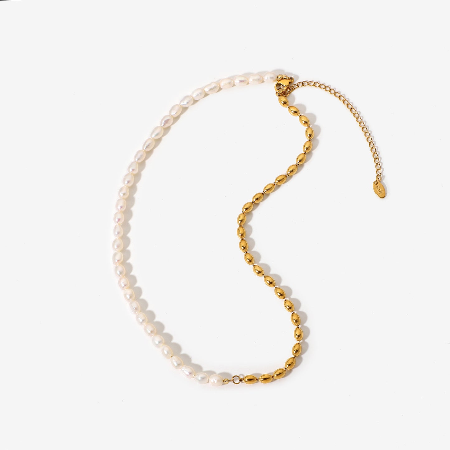 18K Gold Half Pearl Half Ball Chain Beaded Collar Necklace