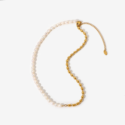 18K Gold Half Pearl Half Ball Chain Beaded Collar Necklace