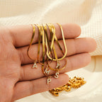 18K Gold Minimalist Glam Herringbone Chain Initial Dainty Necklace