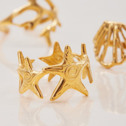 18K Gold Coastal Life Seashel Coral Starfish Ring Sets