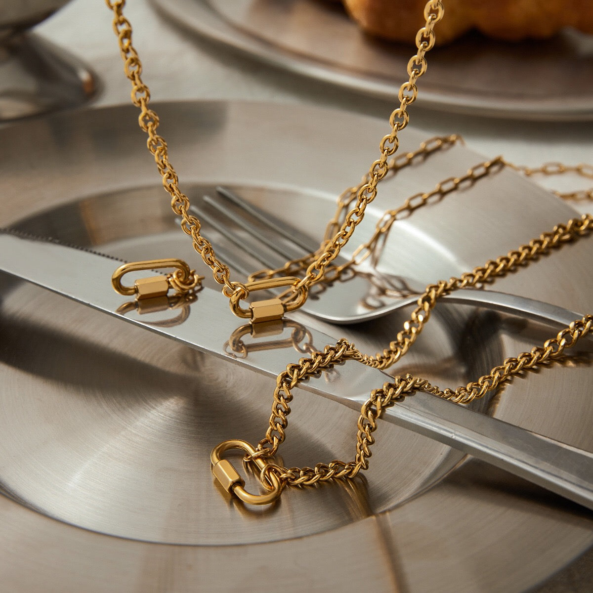 18K Gold Carabiner Paperclip Cuban Link Cable Chain Charm Necklace