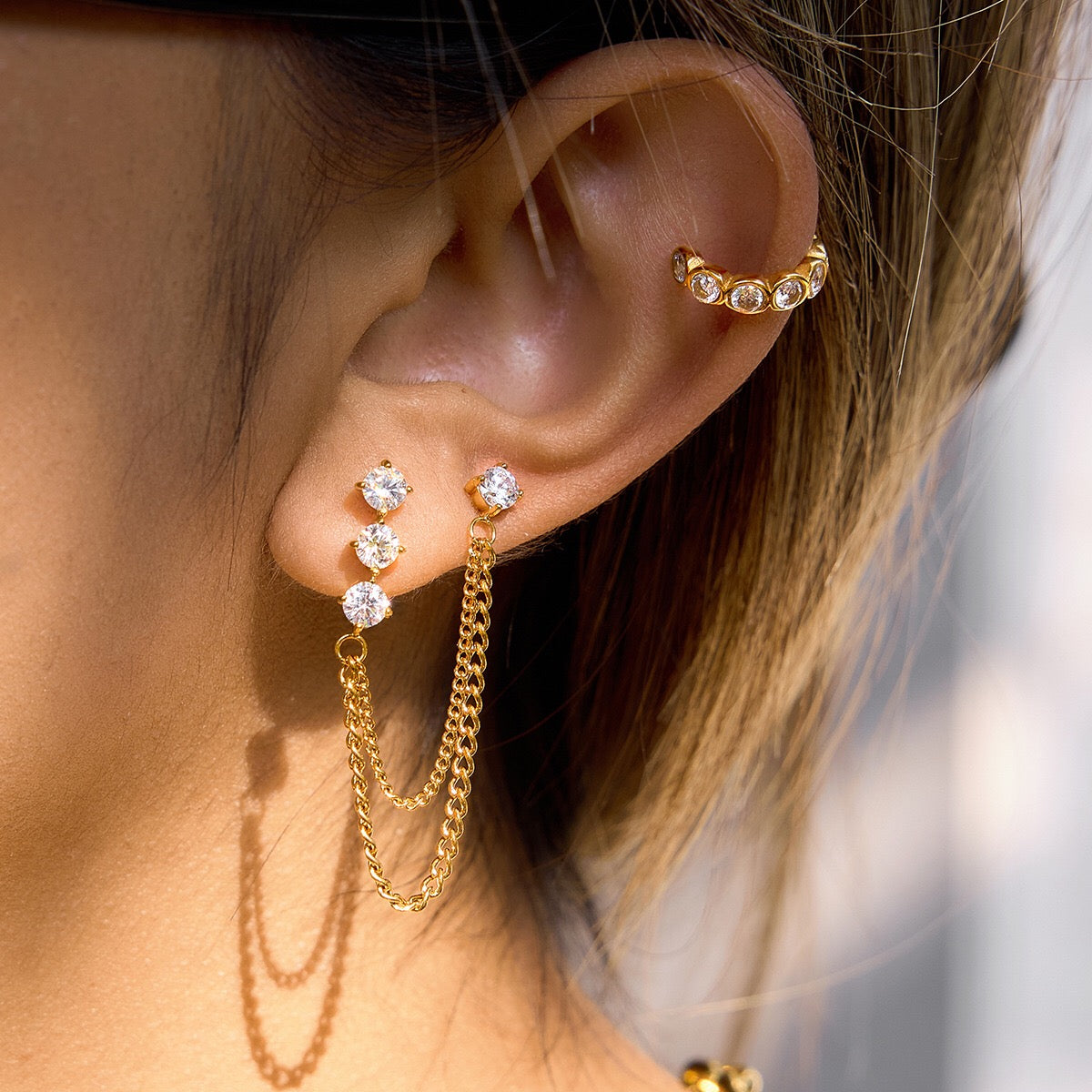 18K Gold Cascade Chain Drop Dangle CZ Stud Earrings Double Piercings