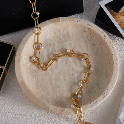 18K Gold Modern Loop Pearl Circle Chain Necklace