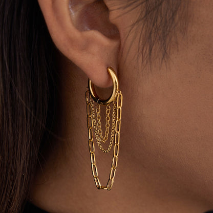 18K Gold Chic Chain Small Hoop Dangle Huggie Earrings