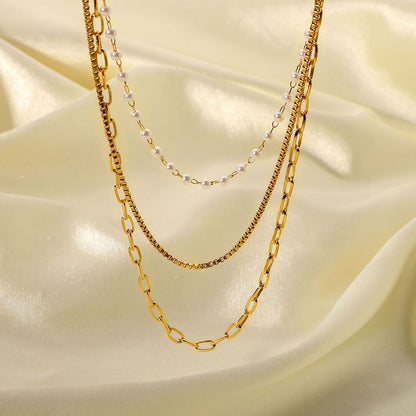 18K Gold Paperclip Box Chain Pearl Layered Necklace