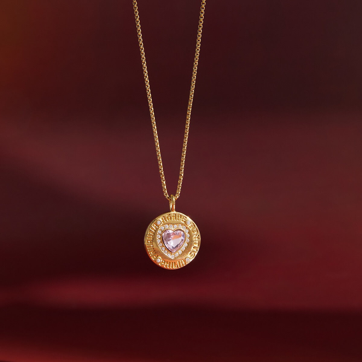 18K Gold Heart in Hand Pink Heart Hamsa Best Friend Coin Pendant Necklace