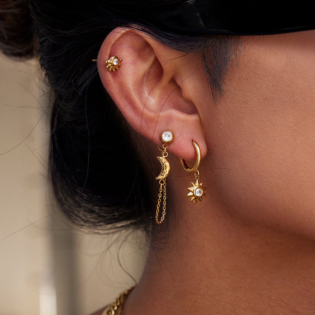 18K Gold Stars and Moon Celestial Huggie Chain Earrings Cartilage Stud Set