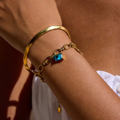 18K Gold Ocean Blue Charm Bracelet Sleek Bangle Stack
