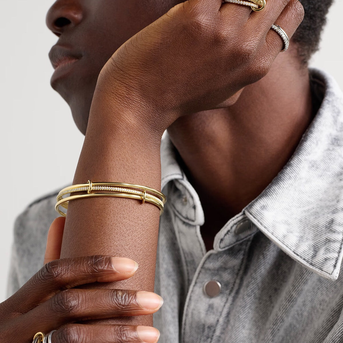 18K Gold and Silver Two Tone Spinelli Slim Bangle Bracelets Stack