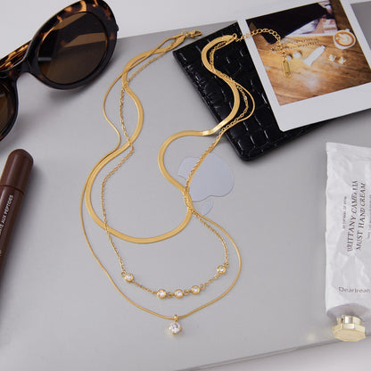 18K Gold Starry Jewel Herringbone Snake Chain Layered Necklace Set