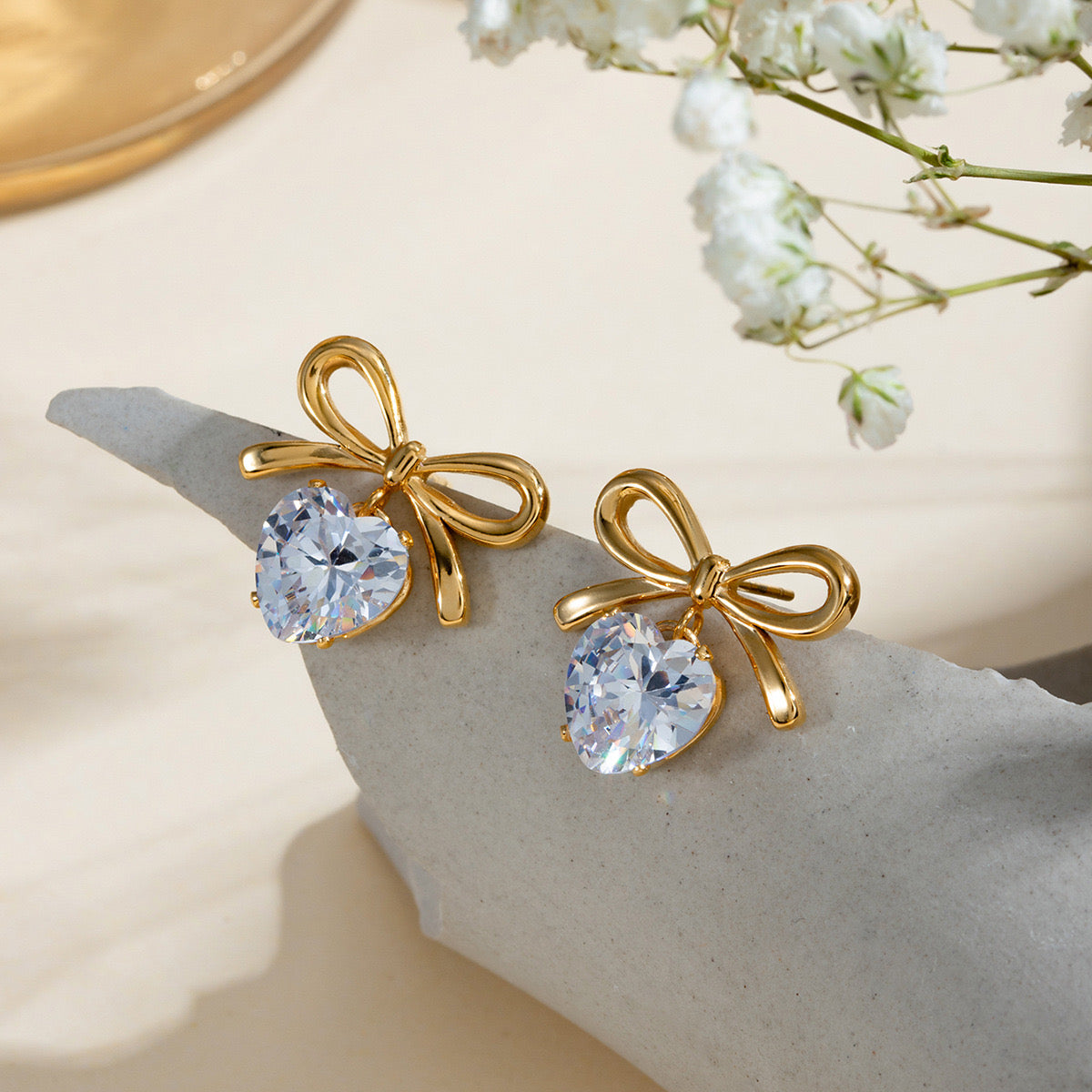 18K Gold Bling Heart Bow Dangle Earrings