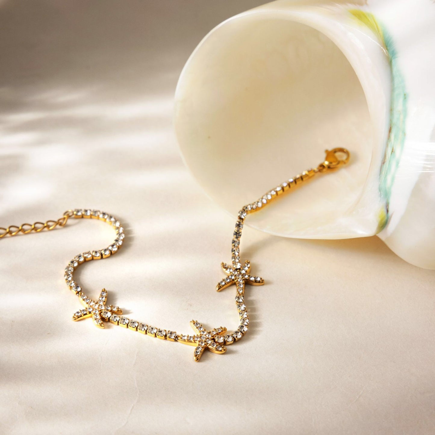 18K Gold Starfall by the Sea Pave Starfish Dainty Tennis Chain Bracelet