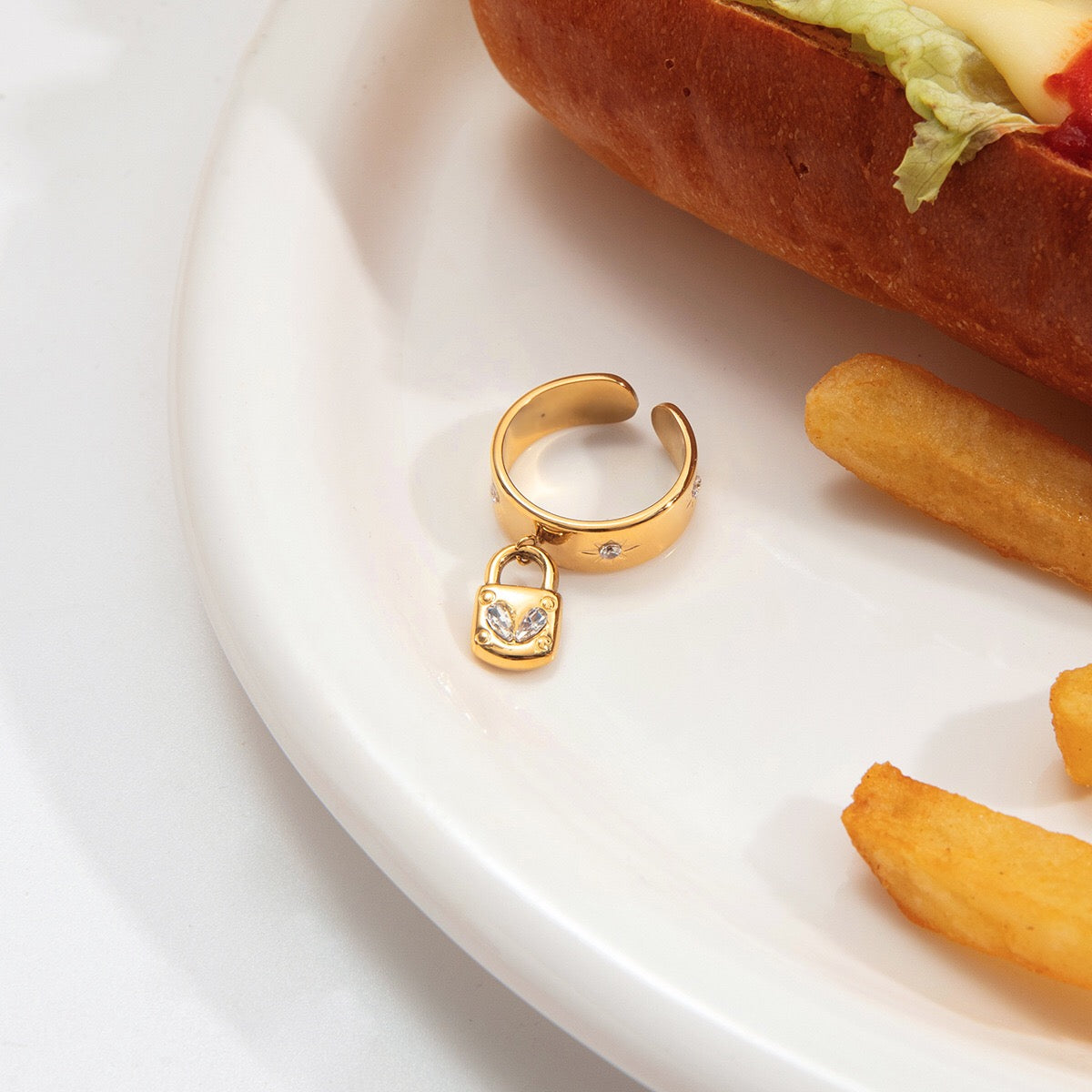 18K Gold Heart Locked Charm Statement Band Ring