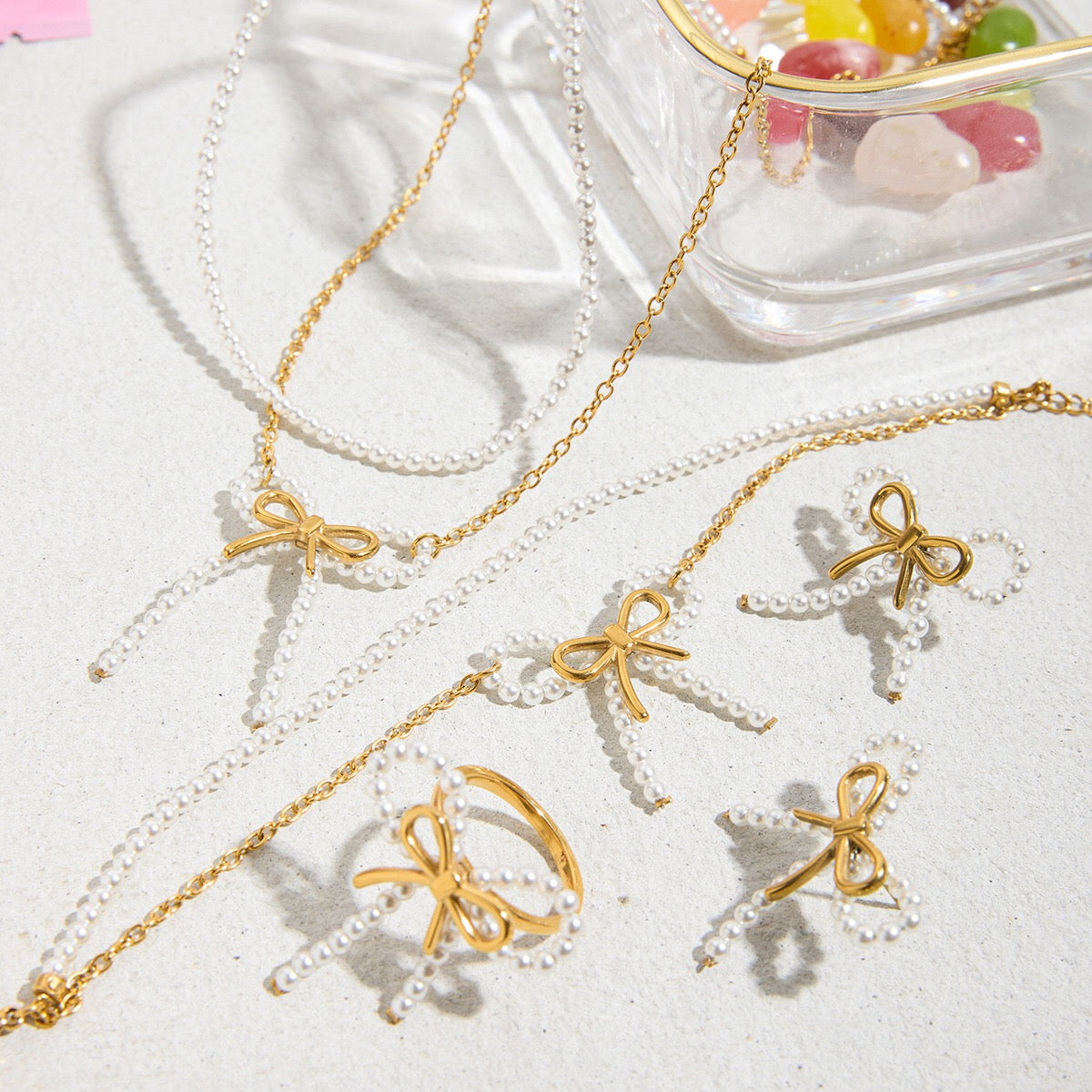 18K Gold Coquette Bow Pearl Pendant Double Chain Layered Necklace Set