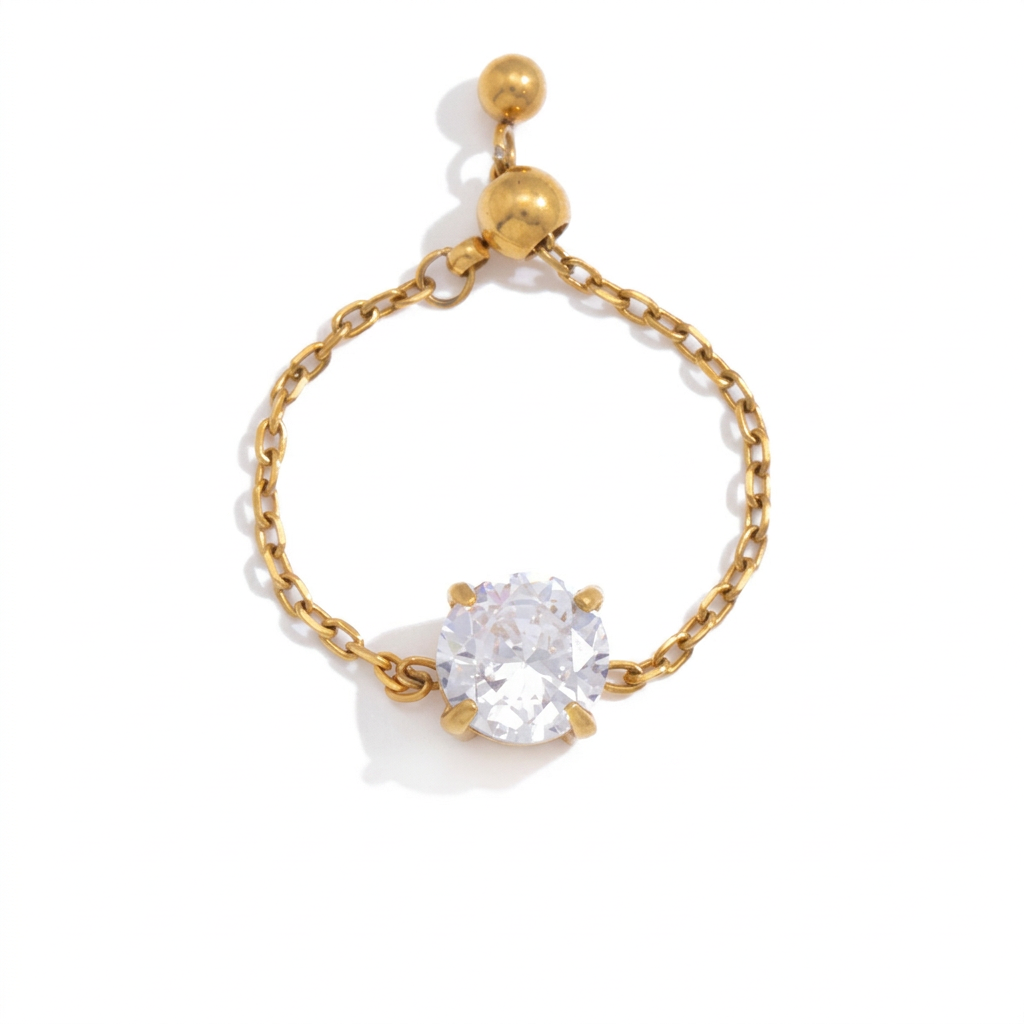 18K Gold Spark Drop Heart Clover Flower Adjustable Chain Ring