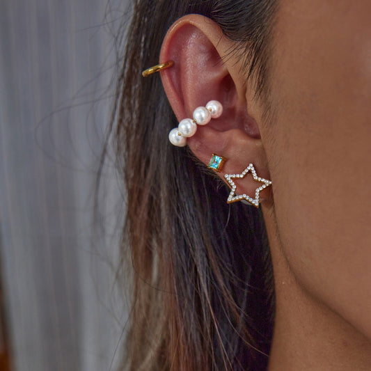 18K Gold Born Star Stud Earrings Pearl Ear Cuffs Set