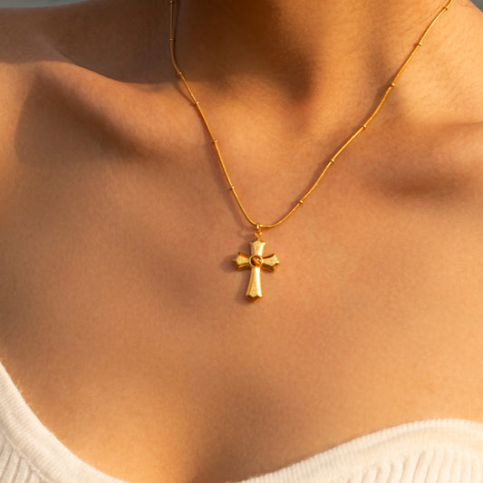 18K Gold Tiger Eye Cross Pendant Necklace