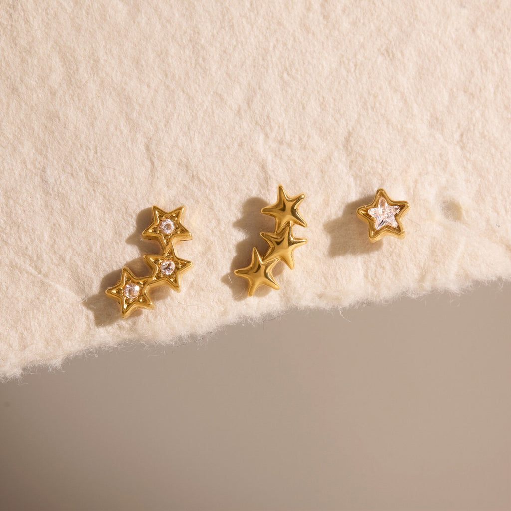 18K Gold Celestial Glow Stars Flat Back Stud Nap Earrings Set