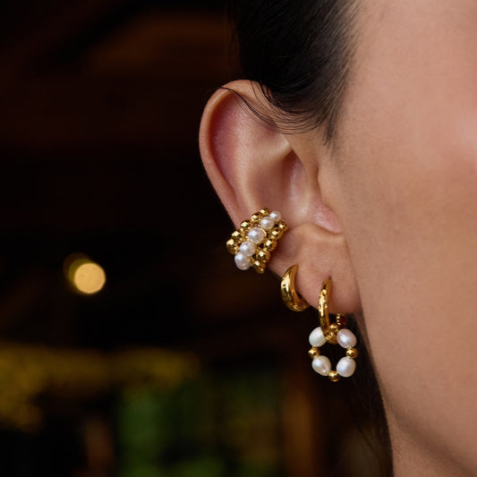 18K Gold Royal Pearl Huggie Earrings Ear Cuffs Set