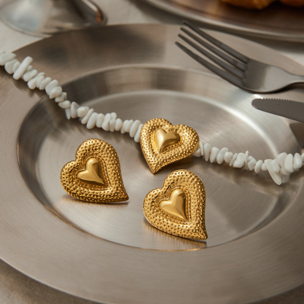 18K Gold Love Hard Heart Statement Stud Earrings