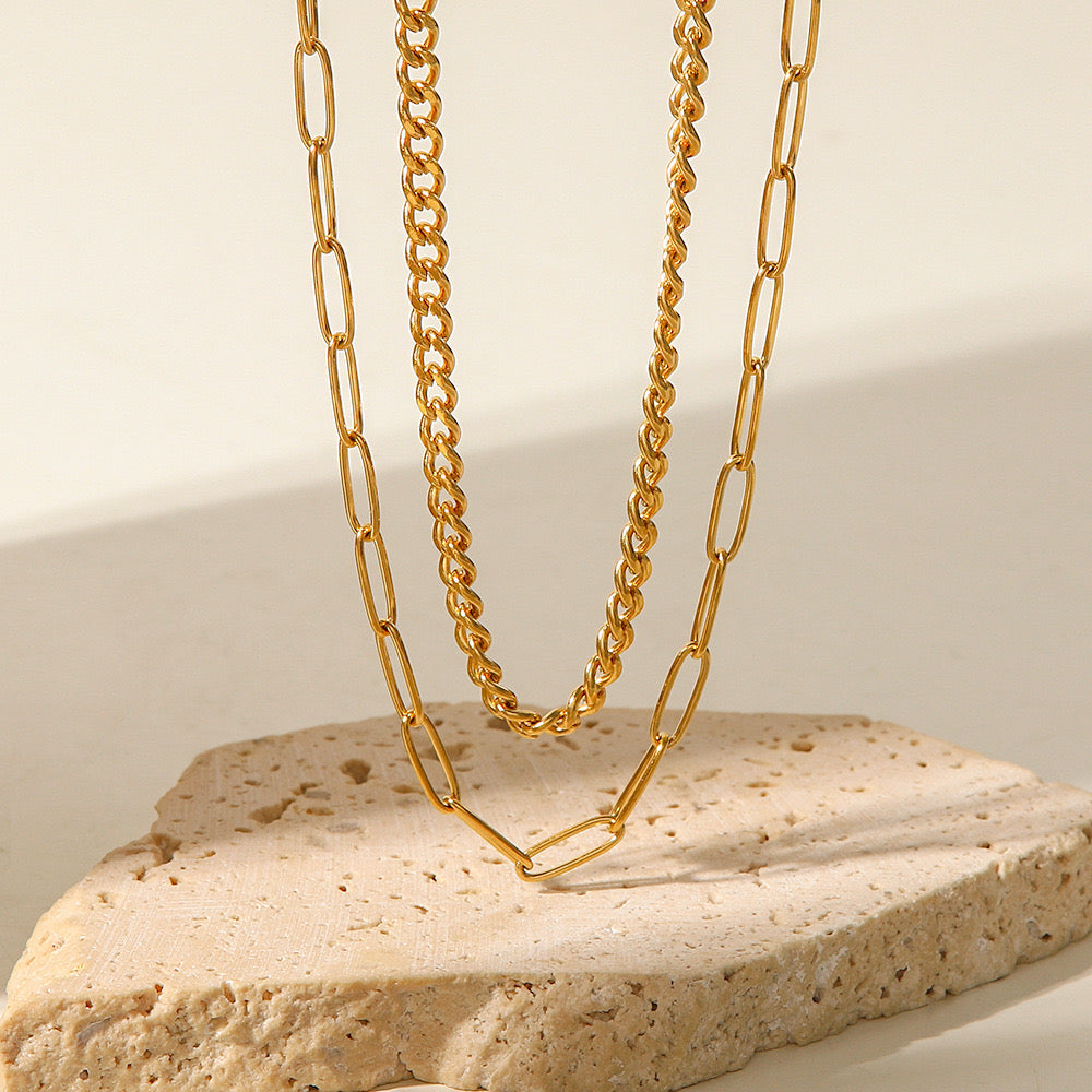 18K Gold Paperclip Cuban Link Chain Layered Necklace Set