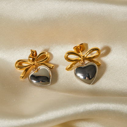 18K Gold Heart And Bow Dangle Earrings