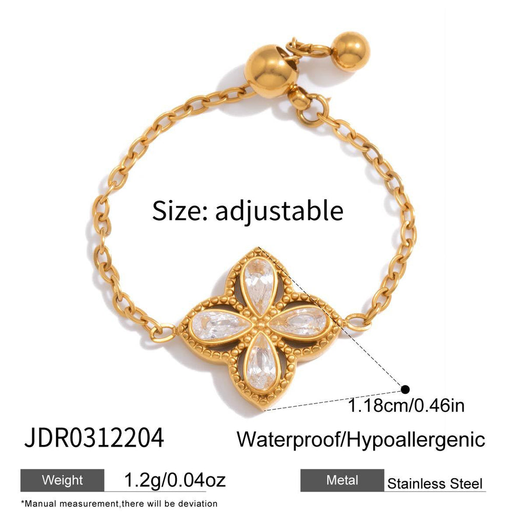 18K Gold Spark Drop Heart Clover Flower Adjustable Chain Ring