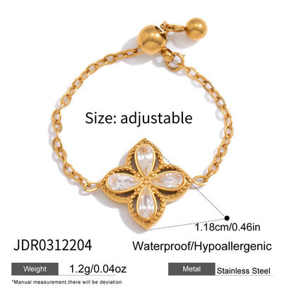 18K Gold Spark Drop Heart Clover Flower Adjustable Chain Ring