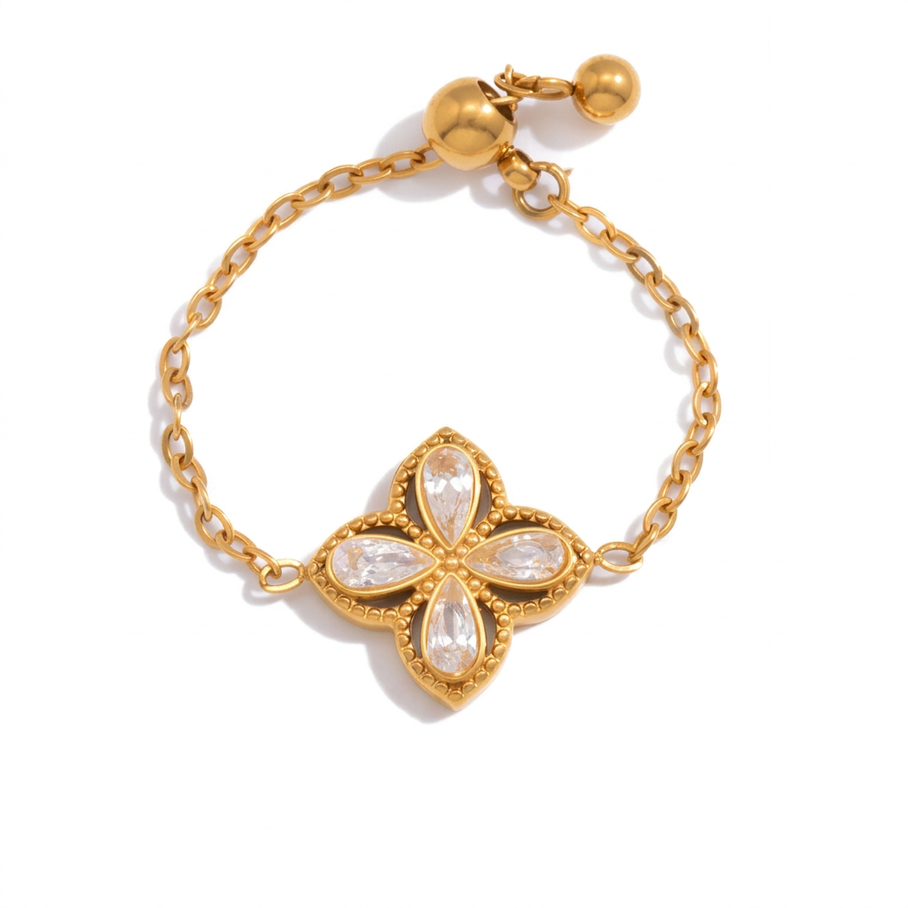 18K Gold Spark Drop Heart Clover Flower Adjustable Chain Ring