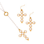 18K Gold Pearl Cross Pendant Lariat Necklace