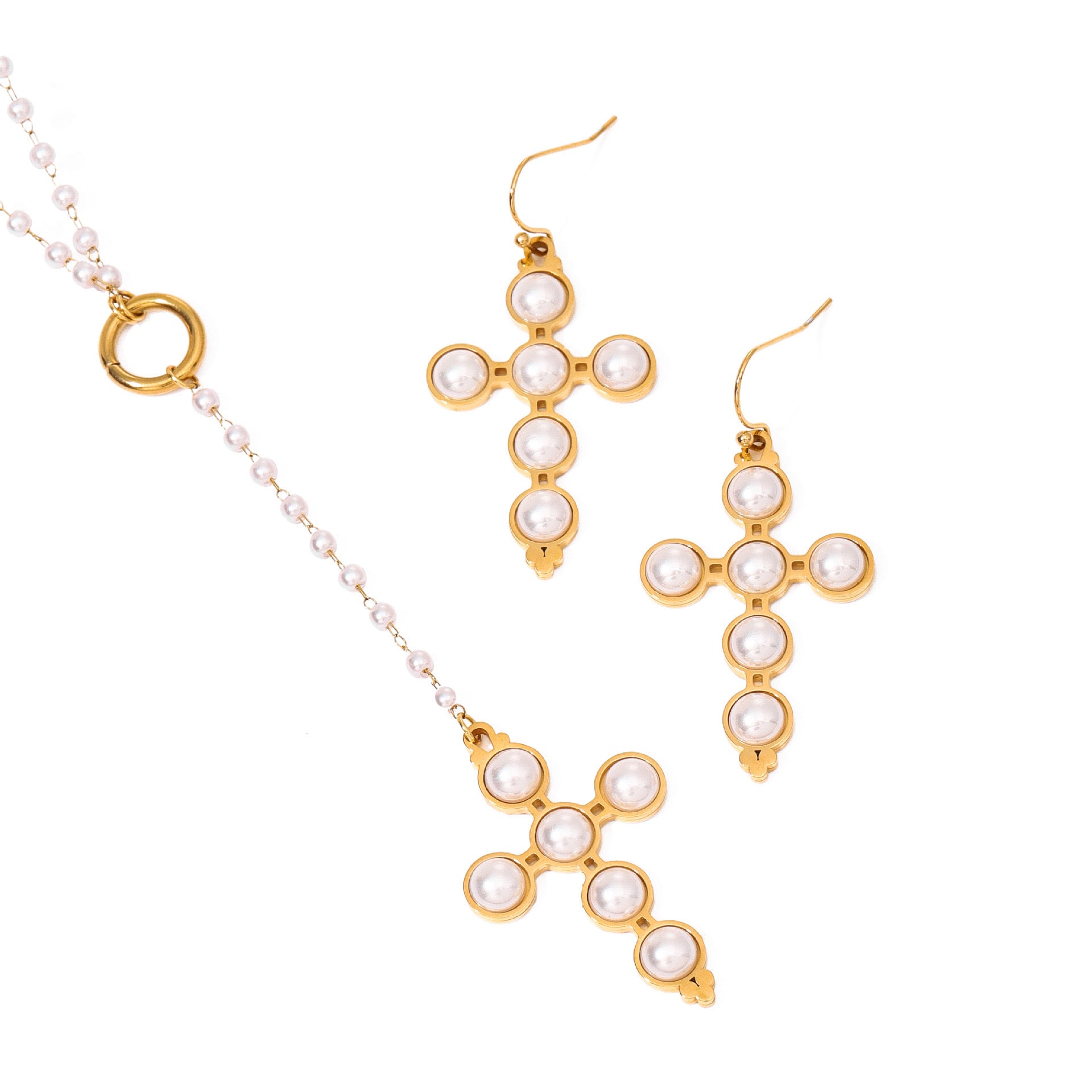 18K Gold Pearl Cross Pendant Lariat Necklace