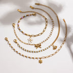 18K Gold Pastel Blue Flower Beaded Chain Bangle Bracelet Stack