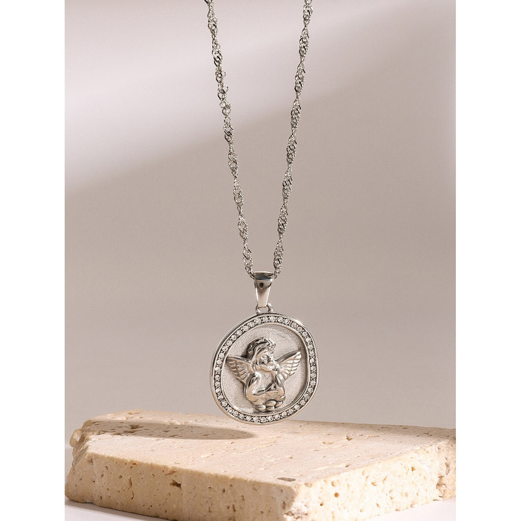 18K Gold Cupid Coin Pendant CZ Necklace