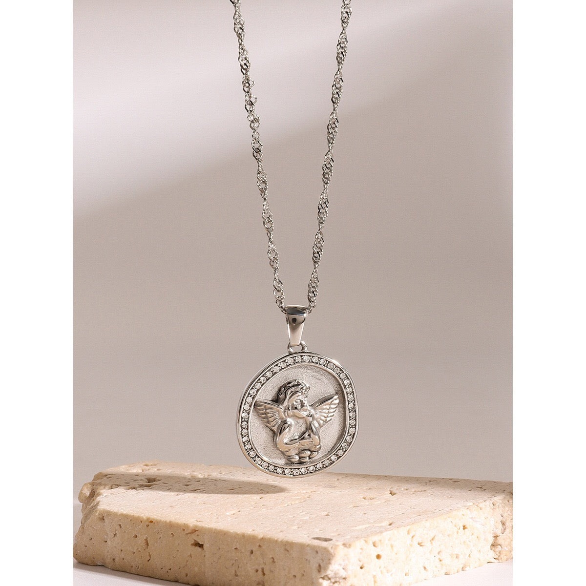 18K Gold Cupid Coin Pendant CZ Necklace