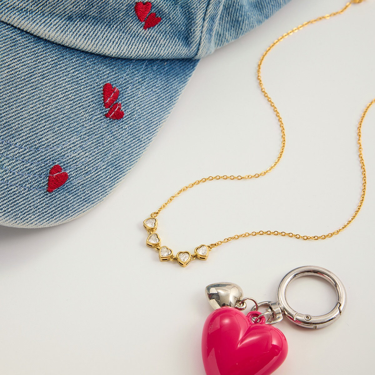 18K Gold Starry Hearts Double Chain Layered Necklace Set