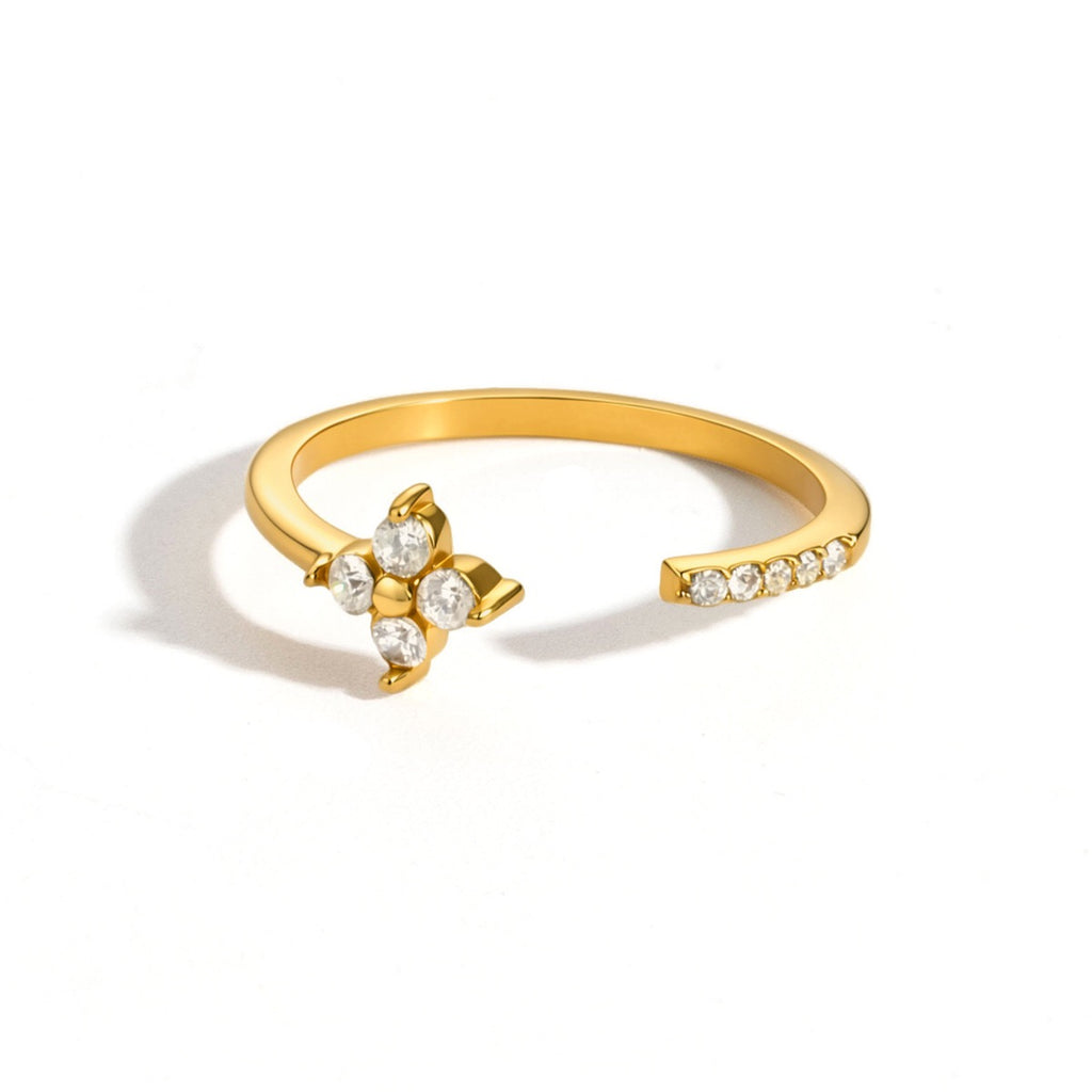 18K Gold Clover Kiss Dainty Stacking Cuff Ring