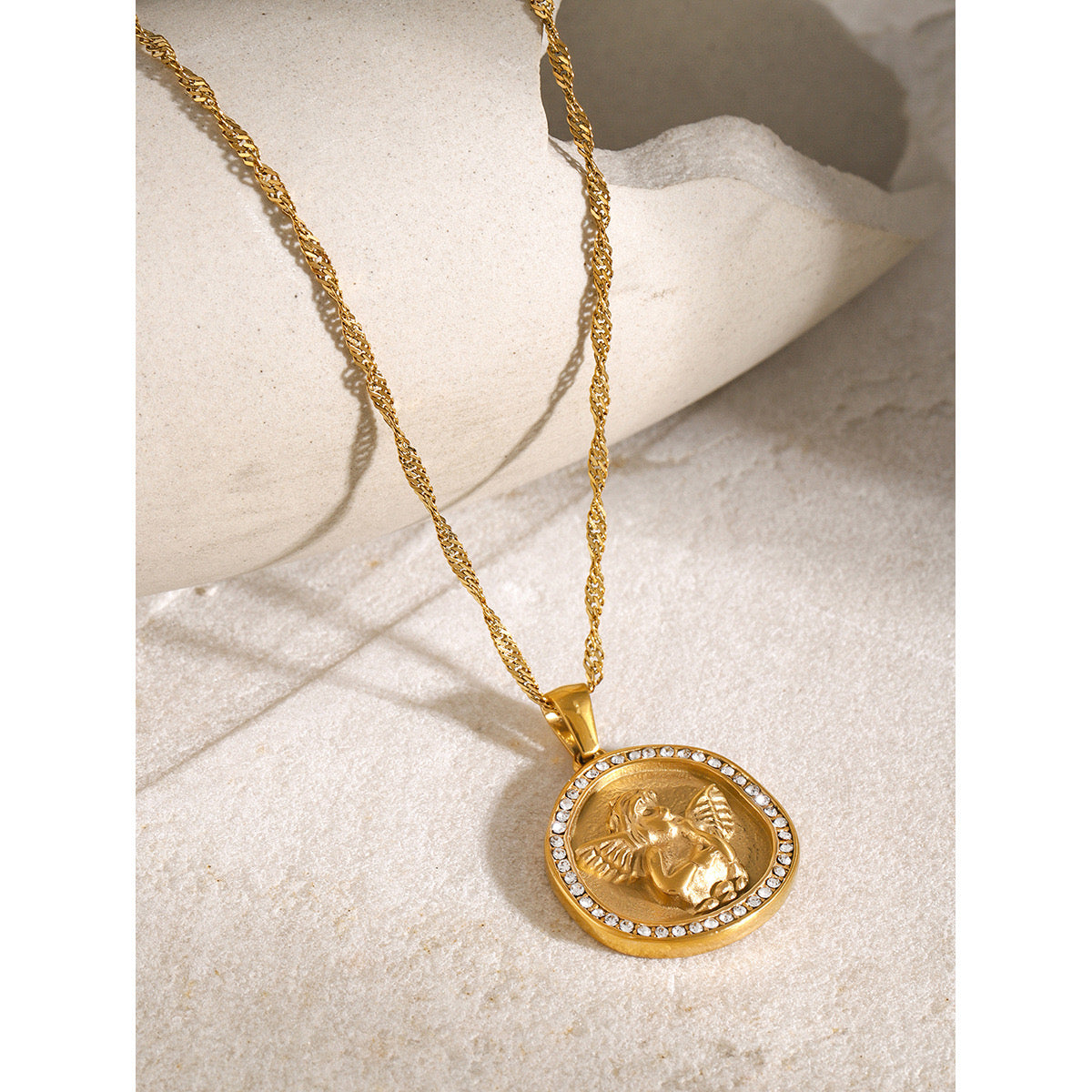 18K Gold Cupid Coin Pendant CZ Necklace