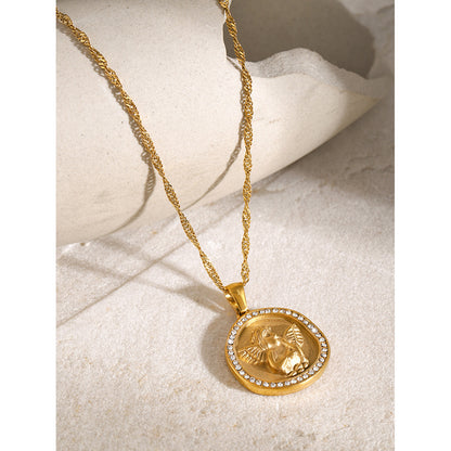 18K Gold Cupid Coin Pendant CZ Necklace