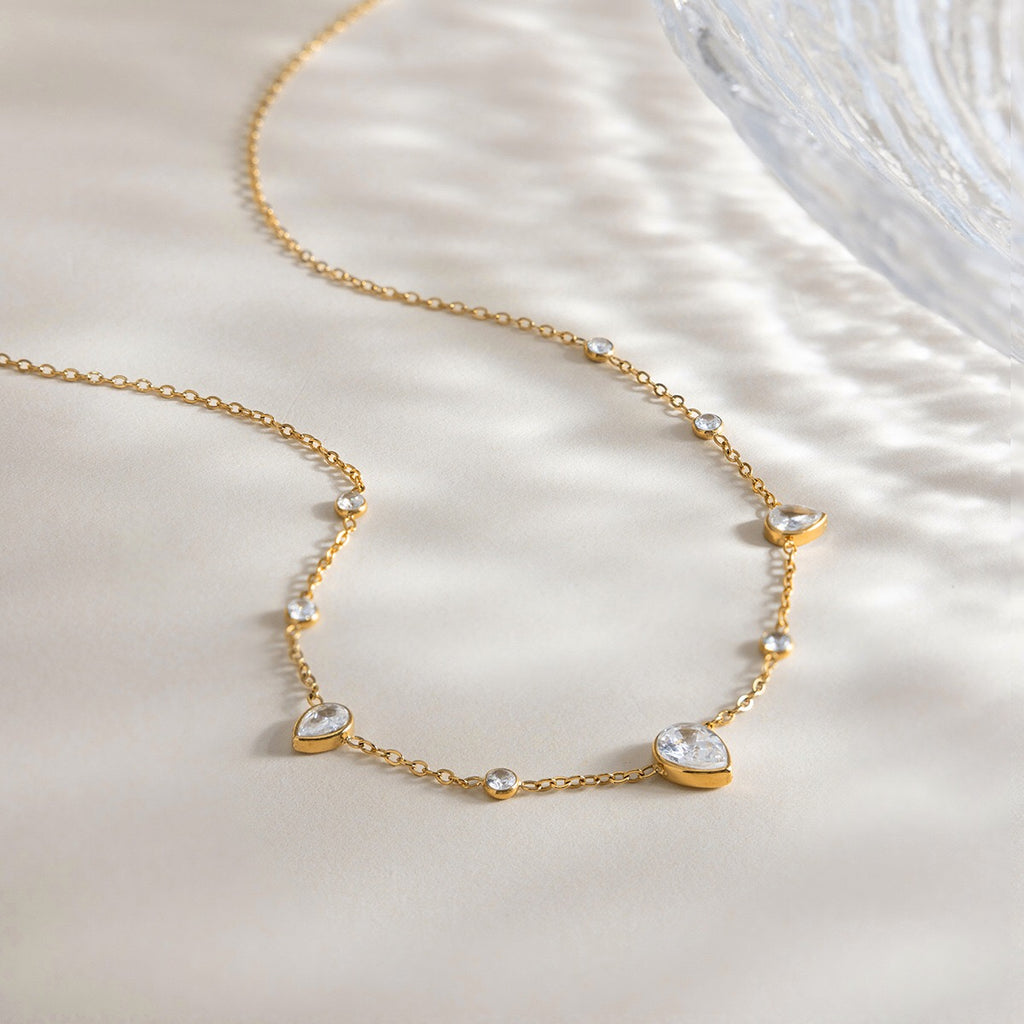 18K Gold Crystal Tear Teardrop Bezel Dainty CZ Necklace