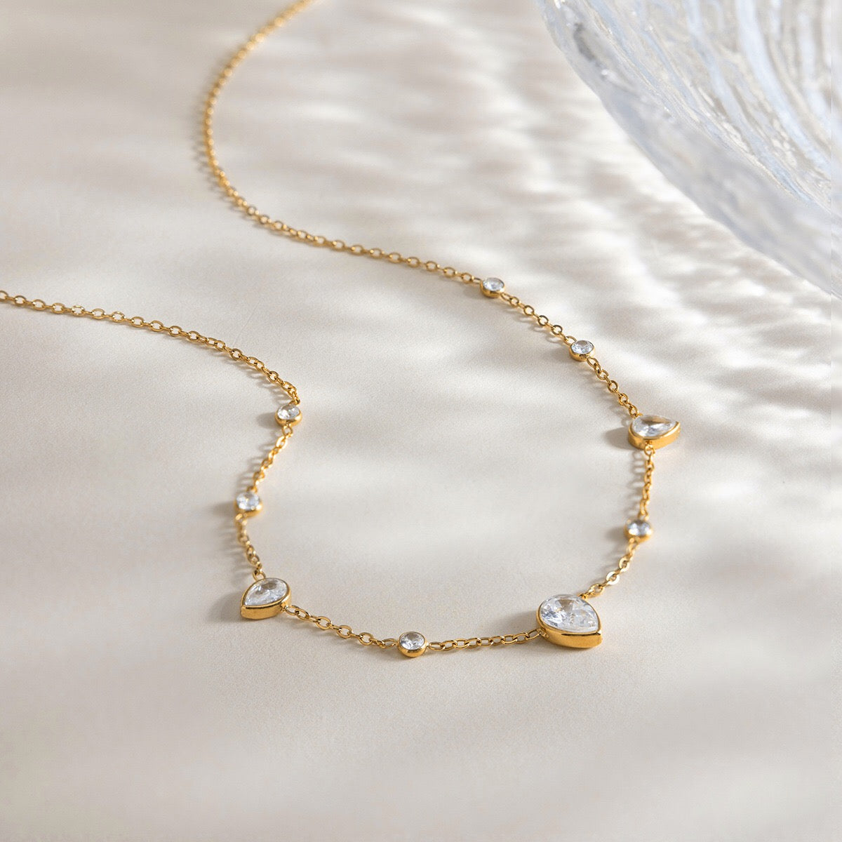 18K Gold Crystal Tear Teardrop Bezel Dainty CZ Necklace