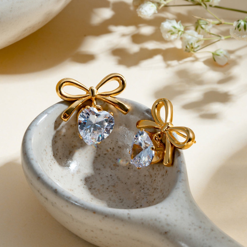 18K Gold Bling Heart Bow Dangle Earrings