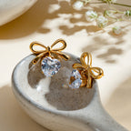 18K Gold Bling Heart Bow Dangle Earrings