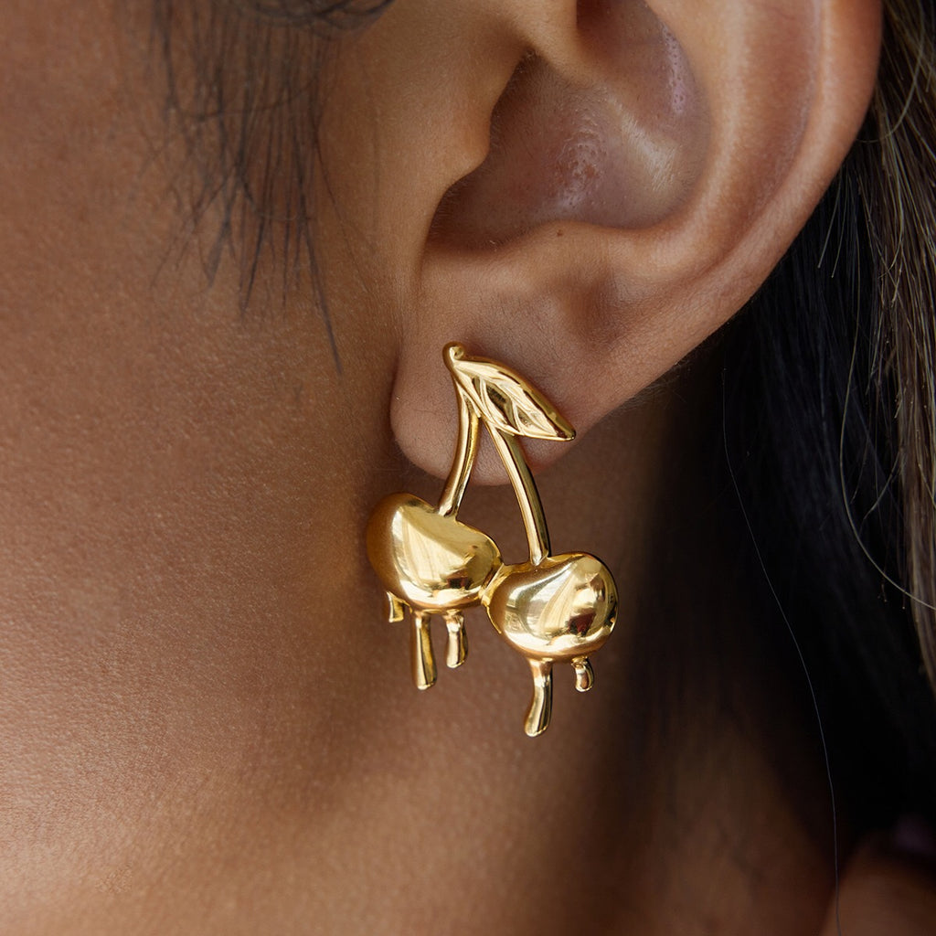 18K Gold Golden Drip Cherry Lips Star Statement Stud Earrings